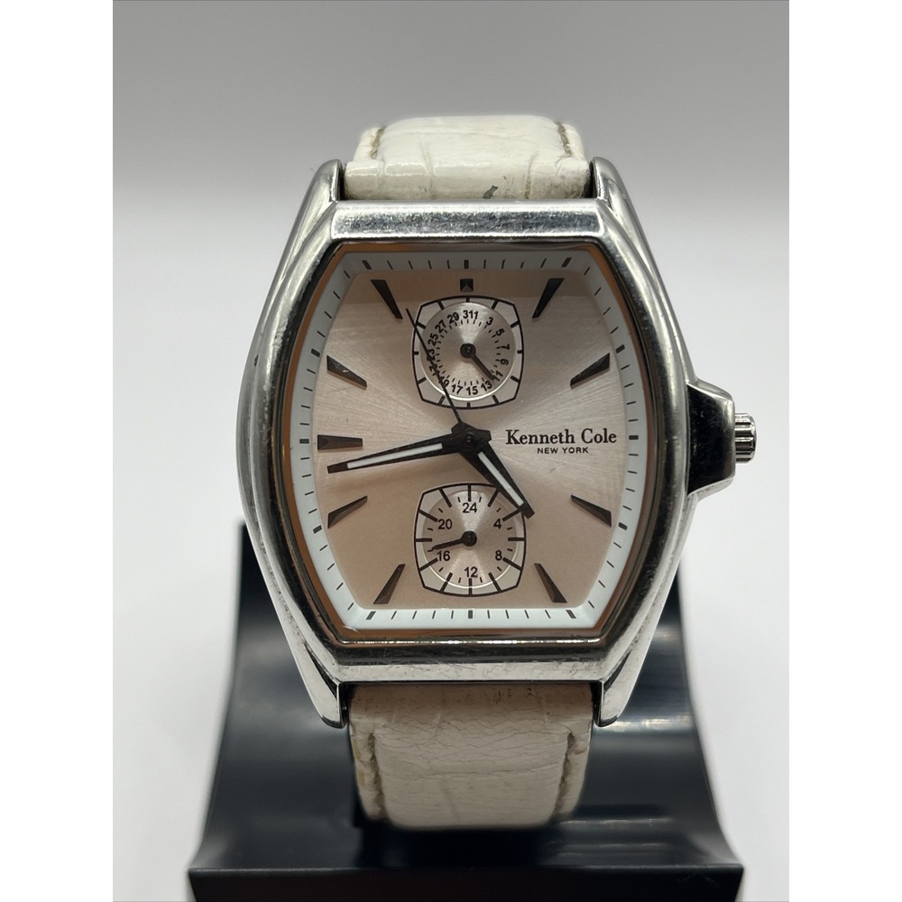 Kenneth Cole KC2317 Womens White Tonneau Multifunction Silver Dial Leather Band